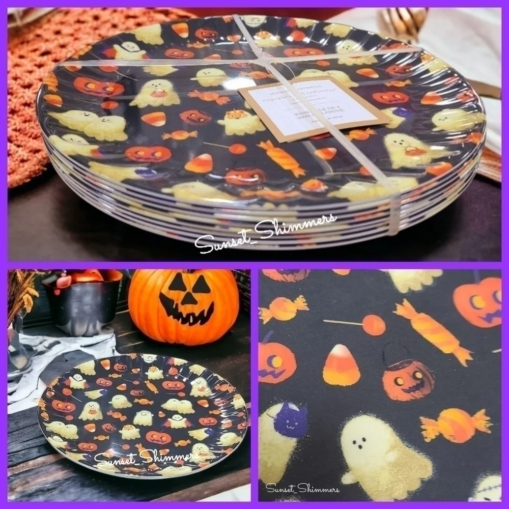 8PC Cupcakes & Cashmere Halloween GHOST Jack Pumpkin Melamine Dinner Plate SET